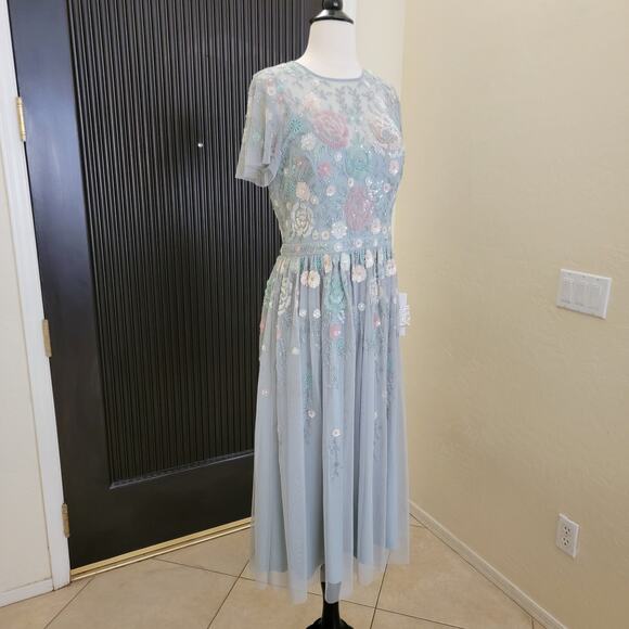Mac Duggal 6 Seafoam Green 9134 Floral Midi Short Sleeve Sequin Beaded Dress New - Picture 7 of 14